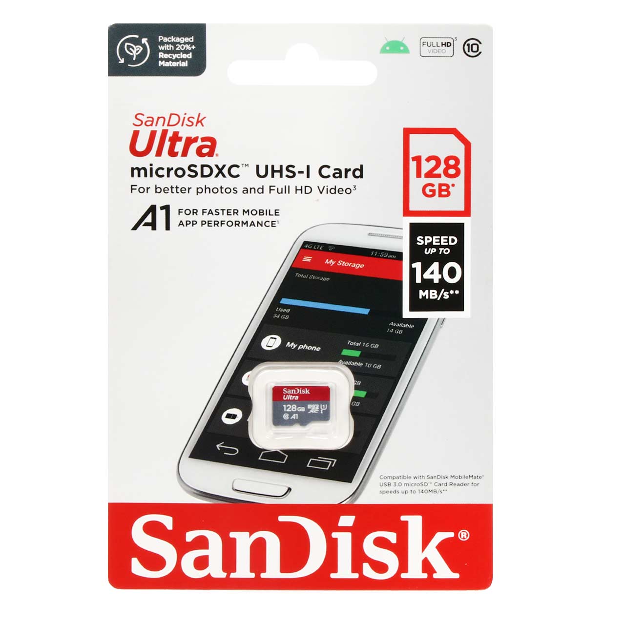 کارت حافظه microSDXC سن دیسک مدل Ultra کلاس A1 استاندارد UHS-I سرعت 140MB/s ظرفیت 128 گیگابایت