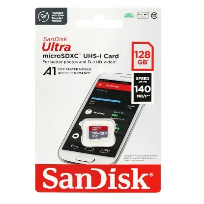 تصویر کارت حافظه microSDXC سن دیسک مدل Ultra کلاس A1 استاندارد UHS-I سرعت 140MB/s ظرفیت 128 گیگابایت