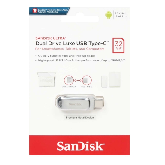 تصویر فلش مموری سن دیسک مدل Ultra Dual Drive Luxe USB3.1 ظرفیت 32 گیگابایت