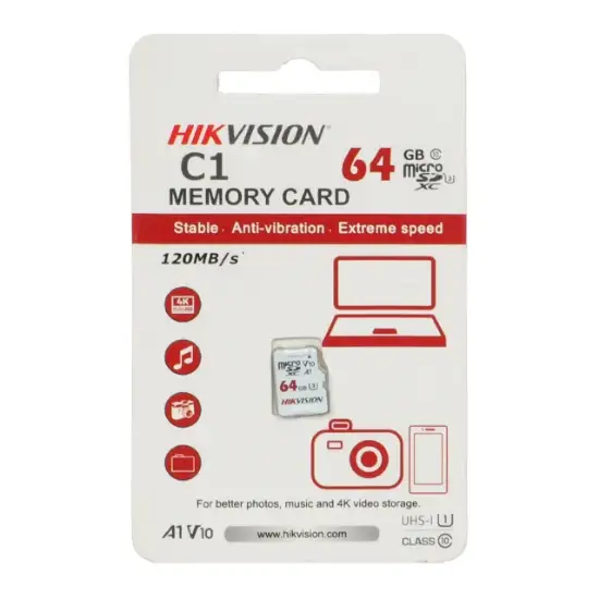 تصویر کارت حافظه microSDHC هایک ویژن مدل C1 کلاس UHS-I سرعت 120MBps ظرفیت 64 گیگابایت