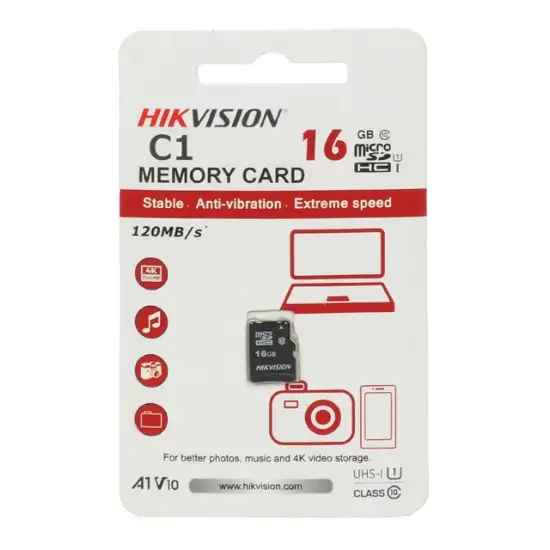 تصویر کارت حافظه microSDHC هایک ویژن مدل C1 کلاس UHS-I سرعت 120MBps ظرفیت 16 گیگابایت