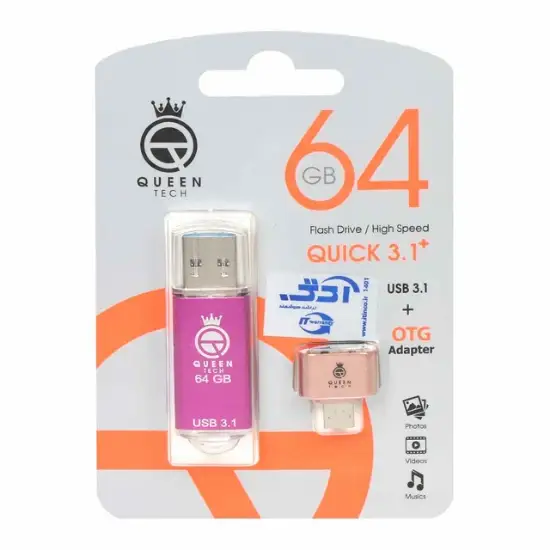 تصویر فلش مموری کوئین تک مدل QUICK PLUS USB3.1 ظرفیت 64 گیگابایت به همراه مبدل USB-C OTG