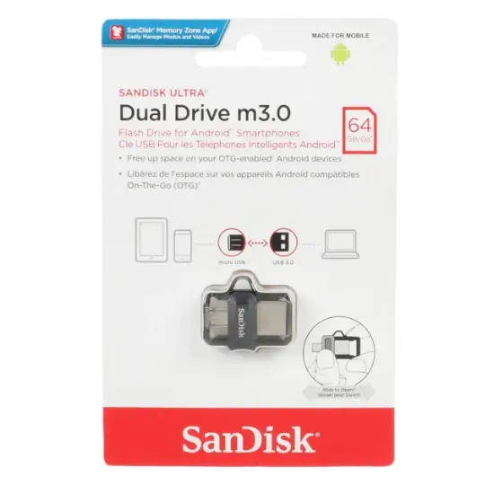 تصویر فلش مموری سن دیسک مدل Ultra Dual Drive M3.0 OTG USB3.0 ظرفیت 64 گیگابایت