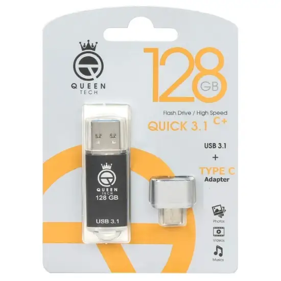 تصویر فلش مموری کوئین تک مدل QUICK PLUS USB3.1 ظرفیت 128 گیگابایت به همراه مبدل USB-C OTG