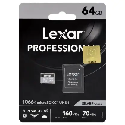 نمایش جزئیات کارت حافظه microSDXC لکسار مدل 1066X کلاس 10 استاندارد U3 سرعت 160MBps ظرفیت 64 گیگابایت به همراه آداپتور SD