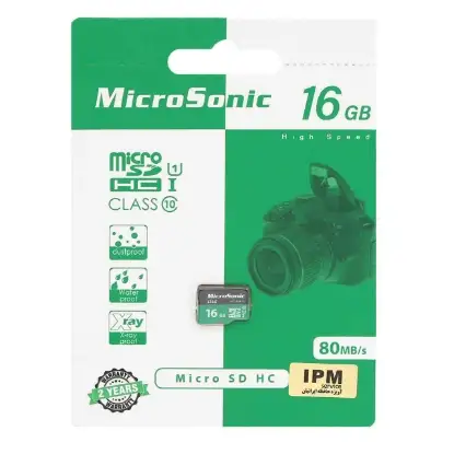 نمایش جزئیات کارت حافظه microSDHC میکروسونیک کلاس 10 U3 استاندارد UHS-I سرعت 80MBps ظرفیت 16 گیگابایت