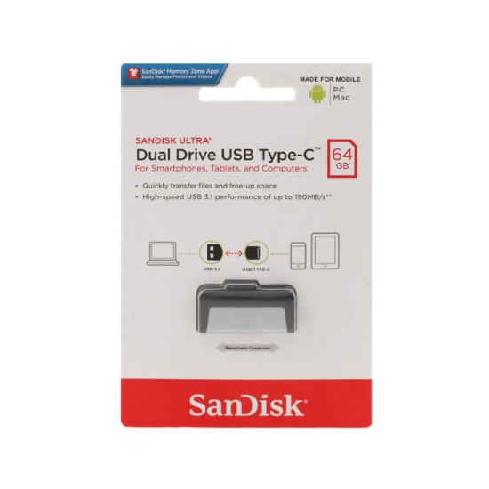 تصویر فلش مموری سن دیسک مدل Ultra Dual Drive USB Type-C USB3.1 ظرفیت 64 گیگابایت