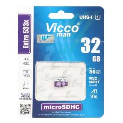 تصویر کارت حافظه microSDHC ویکو من مدل Extra 533X کلاس 10 استاندارد UHS-I U1 سرعت 80MBps ظرفیت 32 گیگابایت