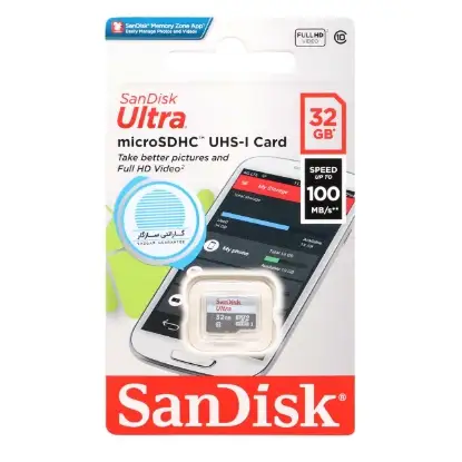 نمایش جزئیات کارت حافظه microSDXC سن دیسک مدل Ultra کلاس 10 استاندارد UHS-I سرعت 100MBps ظرفیت 32 گیگابایت