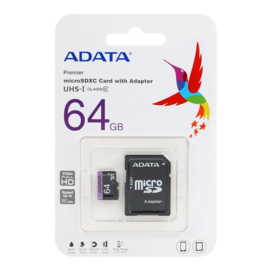 تصویر کارت حافظه microSDXC ای دیتا مدل Premier کلاس UHS-I U1 سرعت 80MBps ظرفیت 64 گیگابایت به همراه آداپتور SD