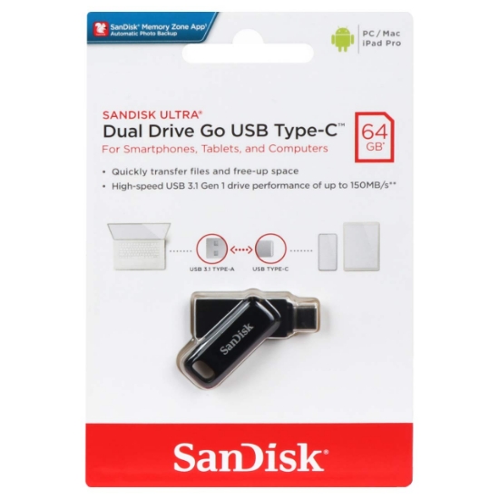 تصویر فلش مموری سن دیسک مدل Ultra Dual Drive Go USB3.1 ظرفیت 64 گیگابایت