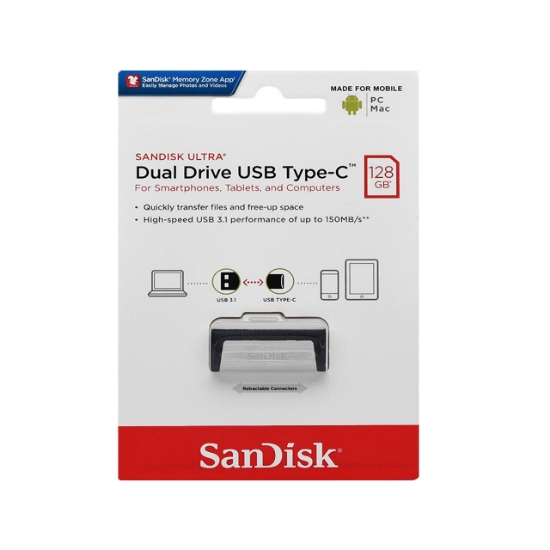 تصویر فلش مموری سن دیسک مدل Ultra Dual Drive USB Type-C USB3.1 ظرفیت 128 گیگابایت