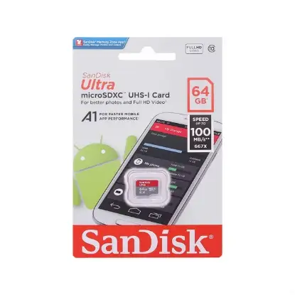 نمایش جزئیات  کارت حافظه سن دیسک MicroSDXC مدل Ultra A1 کلاس 10 استاندارد UHS-I سرعت 100MBps ظرفیت 64 گیگابایت