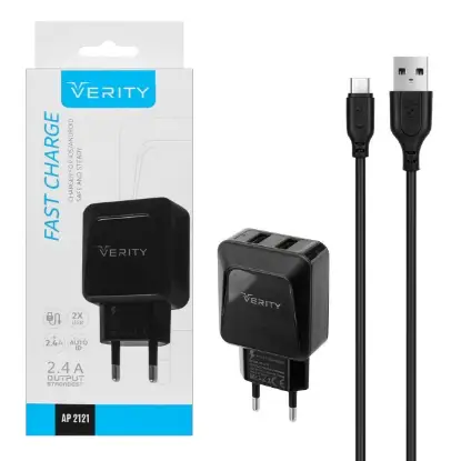 نمایش جزئیات شارژر دیواری وریتی مدل AP-2121 به همراه کابل تبدیل microUSB