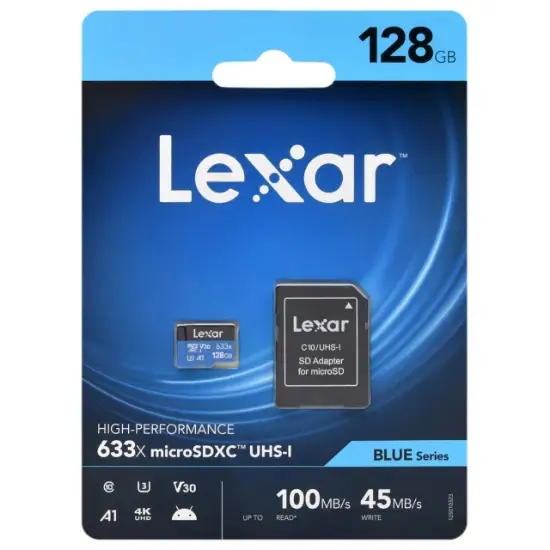 تصویر کارت حافظه‌ microSDXC لکسار مدل 633X کلاس 10 استاندارد UHS-I U3 سرعت ظرفیت128گیگابایت به همراه آداپتور