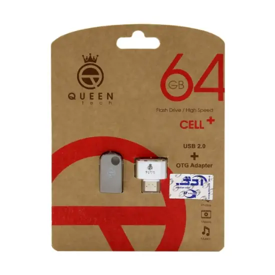 تصویر فلش مموری کوئین تک مدل cellc USB2.0 ظرفیت 64 گیگابایت به همراه مبدل USB-C