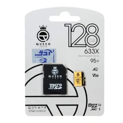 تصویر کارت حافظه Micro SD HC کوئین تک مدل 633X کلاس 10 استاندارد U3 سرعت 95MBps ظرفیت 128 گیگابایت به همراه آداپتور SD