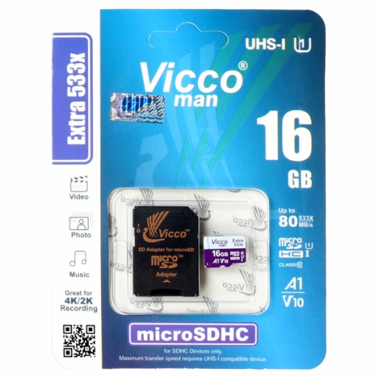 تصویر کارت حافظه microSDHC ویکومن مدل Extra 533X کلاس 10 استاندارد UHS-I U1 سرعت 80MBps ظرفیت 16 گیگابایت همراه با آداپتور SD