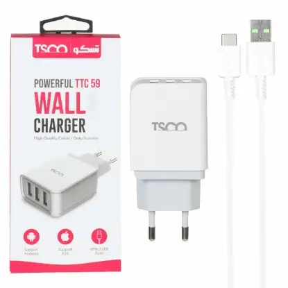 نمایش جزئیات شارژر دیواری 15 وات سه پورت تسکو مدل TTC 59 به همراه کابل تبدیلUSB-C