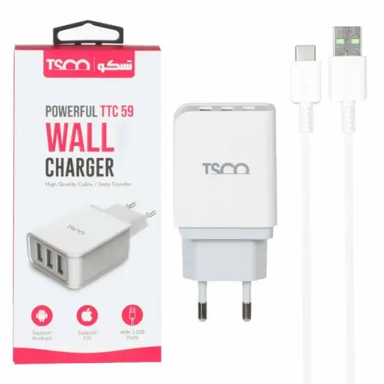 تصویر شارژر دیواری 15 وات سه پورت تسکو مدل TTC 59 به همراه کابل تبدیلUSB-C