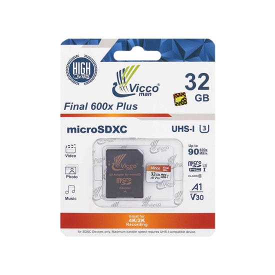 تصویر کارت حافظه microSDHC ویکومن مدل Final 600X کلاس 10 استاندارد UHS-I U3 سرعت 90MBps ظرفیت 32 گیگابایت به همراه آداپتور