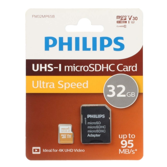 تصویر کارت حافظه microSDHC فیلیپس مدل Ultra Speed کلاس 10 U3 سرعت 95MB/s و ظرفیت 32 گیگابایت به همراه آداپتور SD