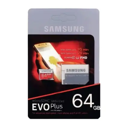 نمایش جزئیات کارت حافظه میکرو اس دی سامسونگ 64 گیگابایت مدل EVO Plus microSDXC & adapter UHS-I Class10 U3-95MB/S