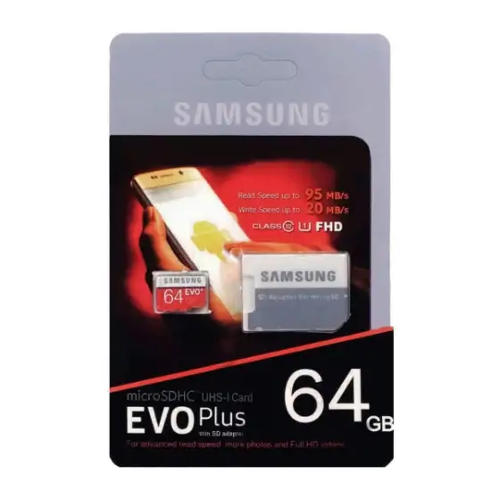 تصویر کارت حافظه میکرو اس دی سامسونگ 64 گیگابایت مدل EVO Plus microSDXC & adapter UHS-I Class10 U3-95MB/S