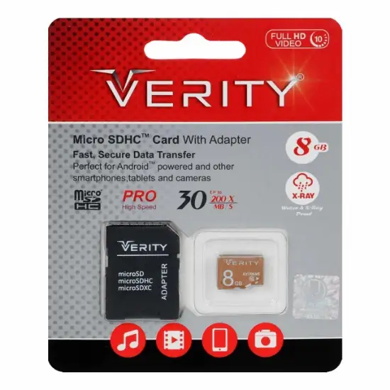 تصویر کارت حافظه microSDHC وریتی مدل PRO 200X کلاس 10 سرعت 30MBps ظرفیت 8 گیگابایت به همراه آداپتور SD