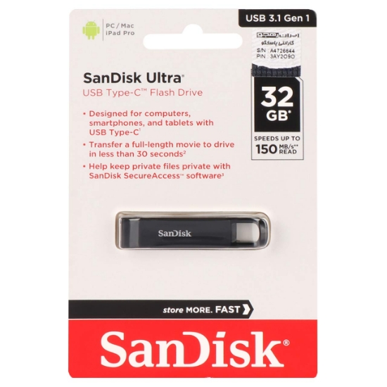 تصویر فلش مموری سن دیسک مدل Ultra USB Type-C USB3.1 Gen1 ظرفیت 32 گیگابایت