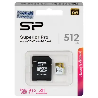 تصویر کارت حافظه microSDXC سیلیکون پاور مدل Superior Pro کلاس 10 استاندارد UHS-I U3 سرعت 100MBps ظرفیت 512 گیگابایت به همراه آداپتور SD