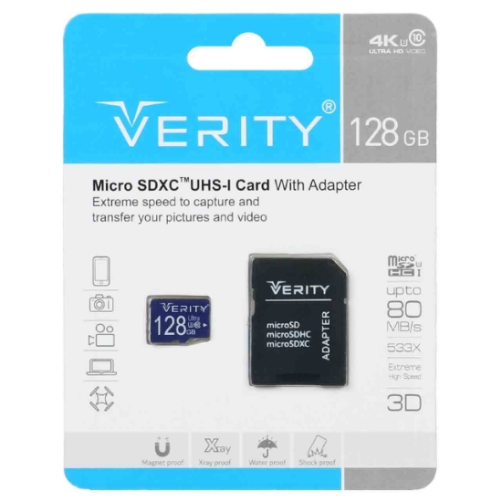 تصویر کارت حافظه microSDXC وریتی مدل Extreme کلاس 10 استاندارد UHS-I U3 سرعت 80MBps ظرفیت 128 گیگابایت به همراه آداپتور SD