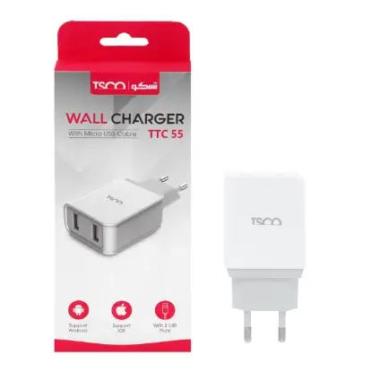 نمایش جزئیات شارژر دیواری تسکو مدل TTC 55 به همراه کابل تبدیل Micro-USB