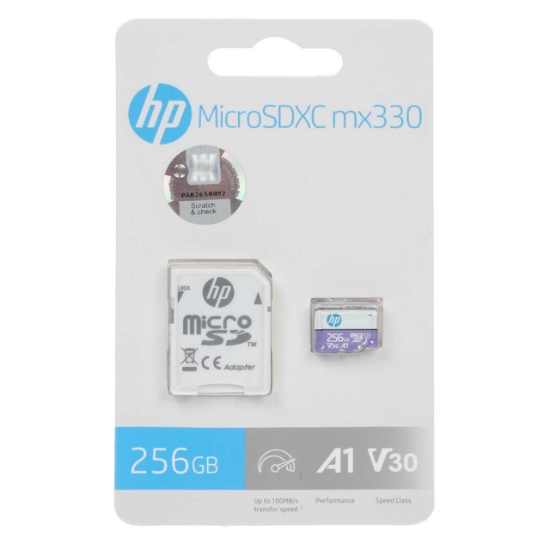تصویر کارت حافظه microSD اچ پی مدل mx330 کلاس 10 استاندارد V30 A1-I U3 سرعت 100MBps ظرفیت 256 گیگابایت به همراه آداپتور SD
