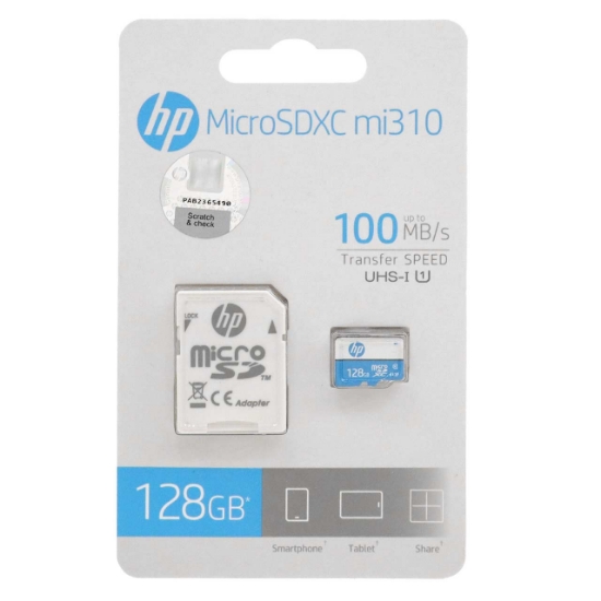 تصویر کارت حافظه‌ microSDXC اچ پی مدل MI310 استاندارد UHS-I U1 سرعت 100MBps ظرفیت 128 گیگابایت به همراه آداپتور SD