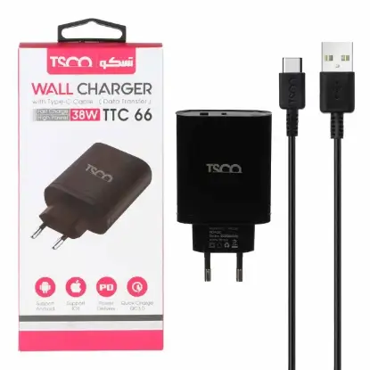 تصویر شارژر دیواری 38 وات فست شارژ PD و دوپورت تسکو مدل TTC66 به همراه کابل تبدیل USB-C