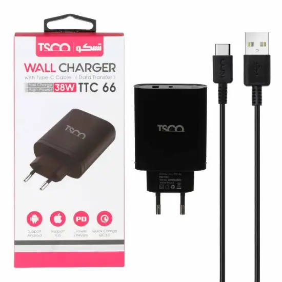 تصویر شارژر دیواری 38 وات فست شارژ PD و دوپورت تسکو مدل TTC66 به همراه کابل تبدیل USB-C