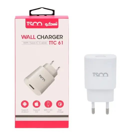 تصویر شارژر دیواری تسکو مدل TTC61 به همراه کابل تبدیل USB-C