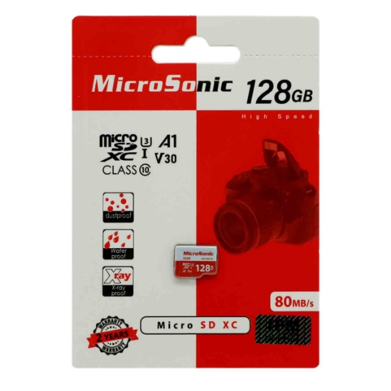 تصویر کارت حافظه microSDXC میکروسونیک مدل A1-V30 کلاس 10 استاندارد UHS-I U3 سرعت 80MBps ظرفیت 128 گیگابایت