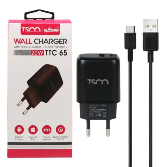 تصویر شارژر دیواری تسکو مدل TTC65 به همراه کابل تبدیل USB-C