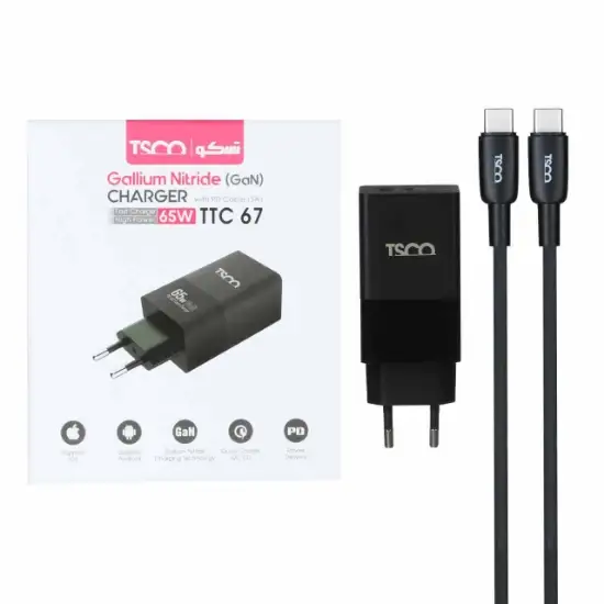 تصویر شارژر دیواری 65 وات فست شارژ PD و دوپورت تسکو مدلTTC67 به همراه کابل تبدیل USB-C