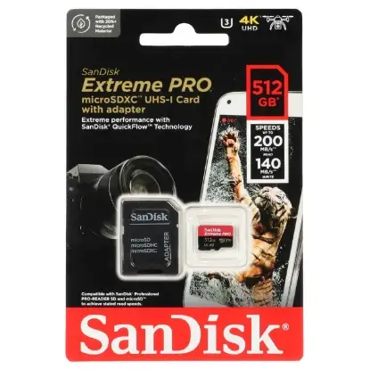 نمایش جزئیات کارت حافظه SDSQXCU سن دیسک مدل Extreme Pro 4k استاندارد UHS-I سرعت 200MBps ظرفیت 512 گیگابایت