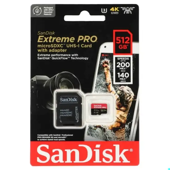 تصویر کارت حافظه SDSQXCU سن دیسک مدل Extreme Pro 4k استاندارد UHS-I سرعت 200MBps ظرفیت 512 گیگابایت