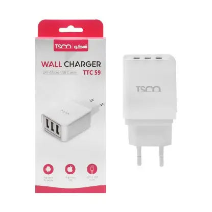 نمایش جزئیات شارژر دیواری سه پورت تسکو مدل TTC 59 به همراه کابل تبدیل Micro-USB