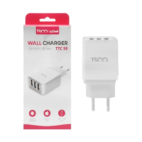 تصویر شارژر دیواری سه پورت تسکو مدل TTC 59 به همراه کابل تبدیل Micro-USB