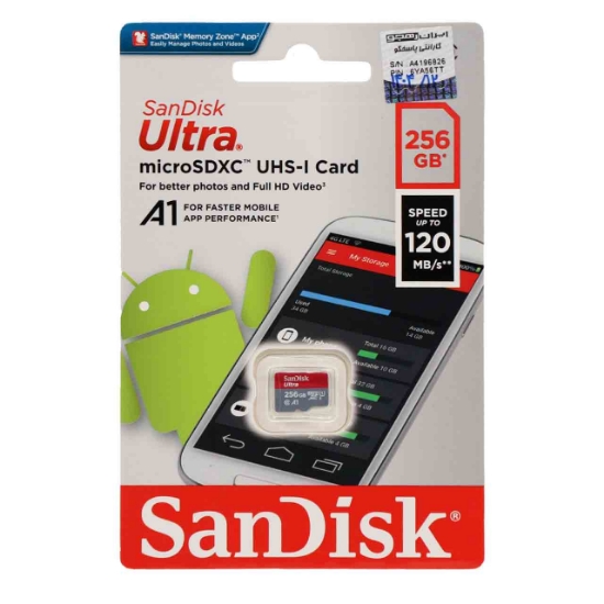 تصویر کارت حافظه microSDXC سن دیسک مدل Ultra A1 کلاس 10 استاندارد UHS-I سرعت 120MBps ظرفیت 256 گیگابایت