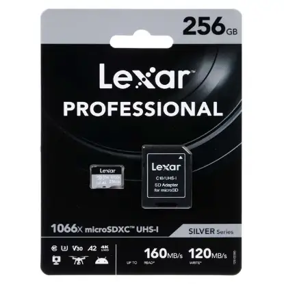 نمایش جزئیات کارت حافظه microSDXC لکسار مدل 1066X کلاس 10 استاندارد U3 سرعت 160MBps ظرفیت 256 گیگابایت به همراه آداپتور SD