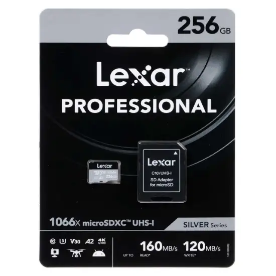 تصویر کارت حافظه microSDXC لکسار مدل 1066X کلاس 10 استاندارد U3 سرعت 160MBps ظرفیت 256 گیگابایت به همراه آداپتور SD