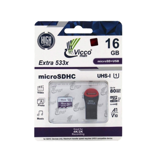 تصویر کارت حافظه microSDXC ویکومن مدل Extre 533X کلاس 10 استاندارد UHS-I U1 سرعت 80MBps ظرفیت 16 گیگابایت به همراه کارت خوان