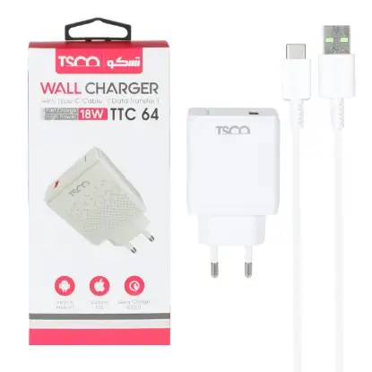 نمایش جزئیات شارژر دیواری 18 وات فست شارژ تک پورت تسکو مدل TTC64 به همراه کابل تبدیل USB-C